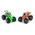 Set of two Monster Jam toy trucks, Bog Hog in orange and King Sling in green, both with oversized tires and colorful graphics, displayed side by side on a white background.