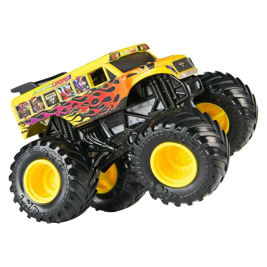 Angled view of the Classroom Crusher toy monster truck featuring yellow school-bus styling, red-orange flame graphics, oversized black tires, and vivid yellow rims in a dynamic studio shot.