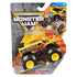 Packaged Classroom Crusher 1:64 scale monster truck displayed in a clear blister pack with fiery yellow artwork, Monster Jam branding, and the toy showcased against a cracked-asphalt themed card.