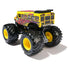 Rear angled view of the Classroom Crusher monster truck showing school-bus rear graphics, colorful flame decals, rugged suspension details, and large black BKT tires with bright yellow hubs.