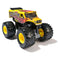 Yellow Classroom Crusher monster truck with bold flame graphics, rugged black BKT tires, and bright yellow rims, styled like a school bus and shown on a clean white background with detailed decals.