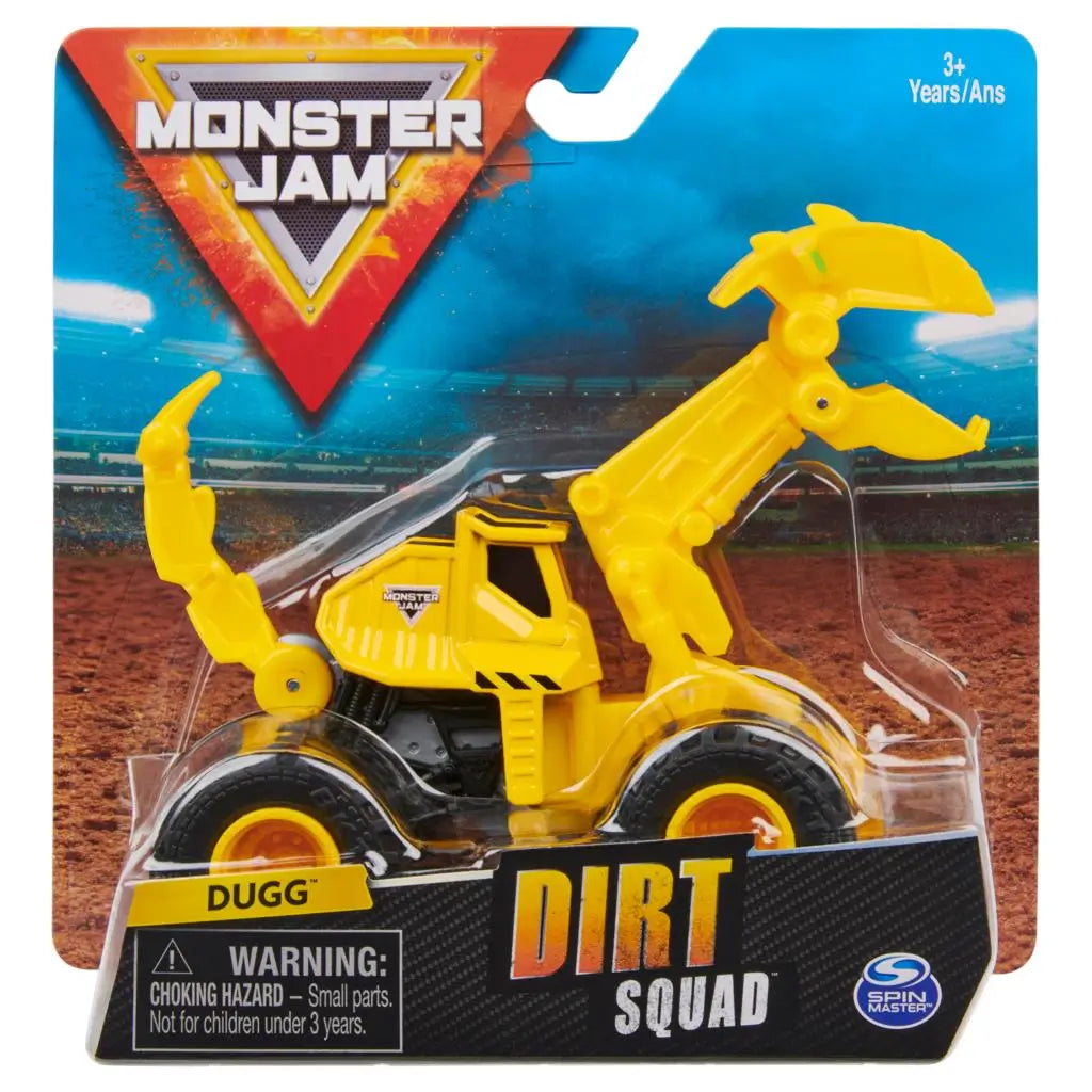 Monster Jam Dugg Dirt Squad excavator toy in bright yellow plastic with black accents, claw arm and scoop design on large rubber tires, displayed in branded retail packaging with stadium background.