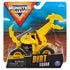 Monster Jam Dugg Dirt Squad excavator toy in bright yellow plastic with black accents, claw arm and scoop design on large rubber tires, displayed in branded retail packaging with stadium background.