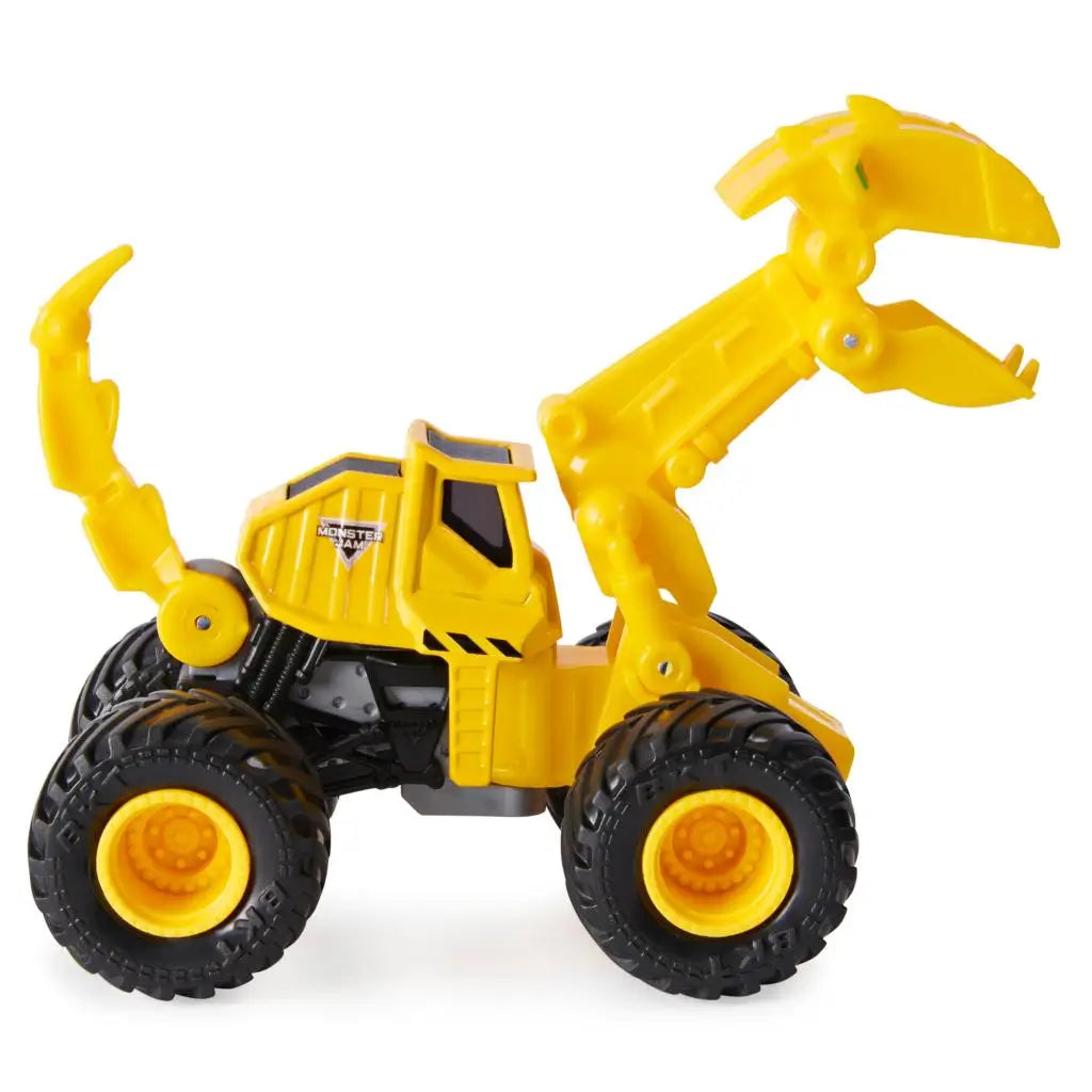 Monster Jam Dugg excavator truck in yellow plastic with smooth finish and articulated claw arm, compact construction vehicle shape on oversized black rubber tires, shown on a clean white background.