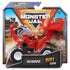 Monster Jam Scoopz Dirt Squad toy in red plastic with black and yellow hazard details, front loader scoop shape on large rubber tires, displayed in branded retail packaging against a stadium-style background.