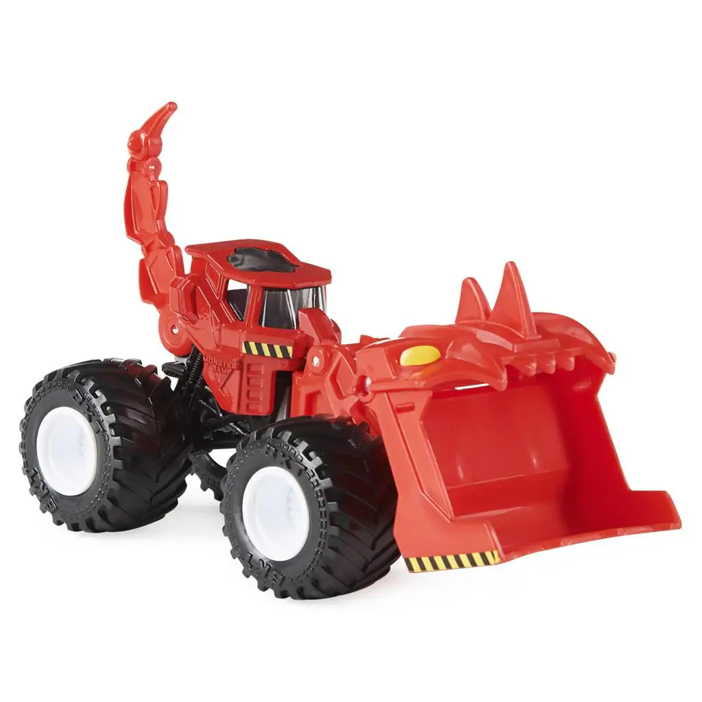 Monster Jam Scoopz front loader truck in bright red plastic with smooth finish and claw scoop design, compact vehicle shape on oversized black rubber tires, shown on a clean white studio background.