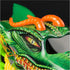 Closeup of Monster Jam Dragon diecast truck shows green dragon face with textured scales, fiery eyes, sharp teeth, and bright orange horns against a glossy black window background.
