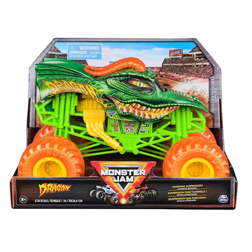 Packaged Monster Jam Dragon diecast truck in 1:24 scale displays fierce dragon body design, neon green frame, orange wheels, and stadium backdrop box with working suspension label.