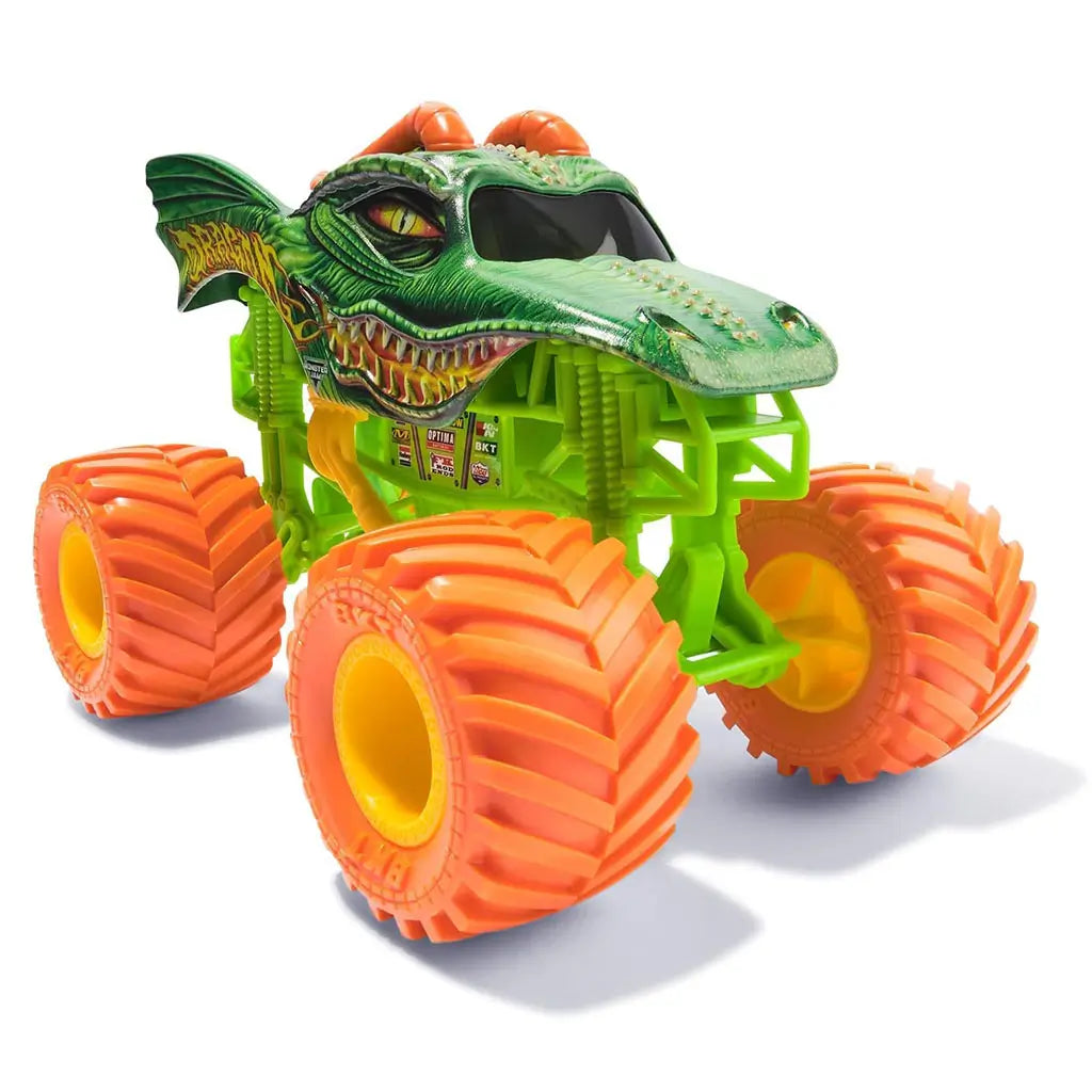 Monster Jam Dragon 1:24 scale diecast truck features dragon-inspired design with green scaly body, pointed snout, orange horns, and oversized bright orange tires for dramatic play.