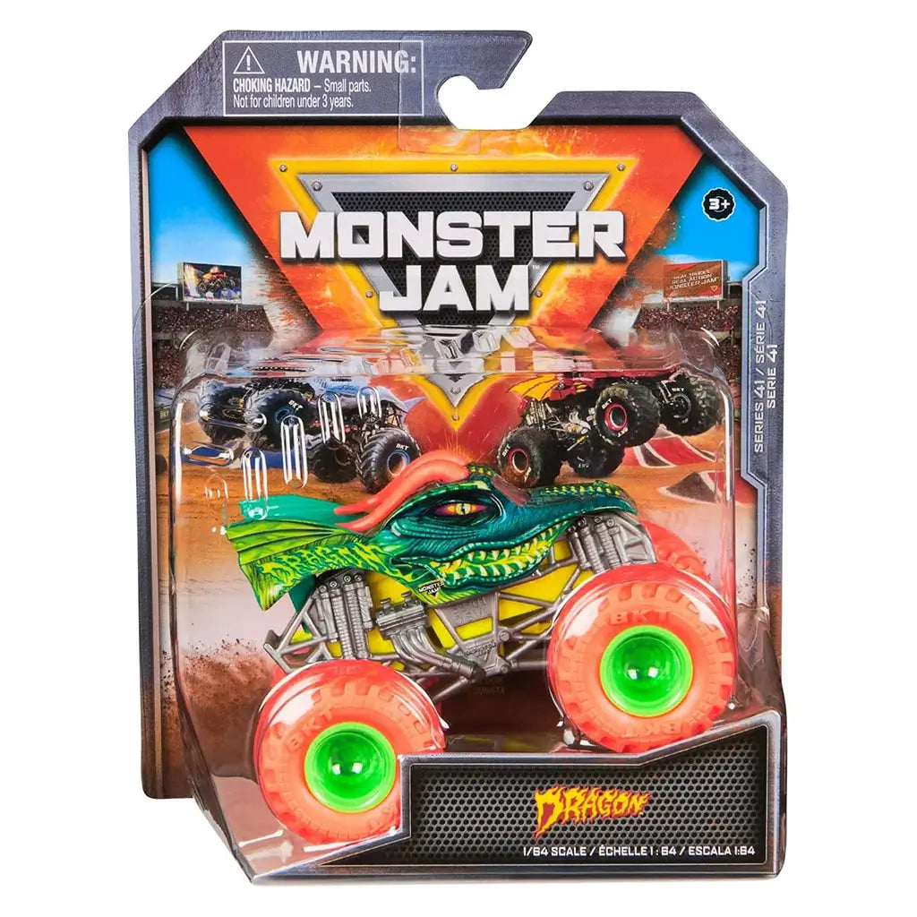 Monster Jam Dragon 1:64 scale diecast truck packaged in fiery stadium-themed box, featuring green dragon body, red wheels, and bold Monster Jam branding.