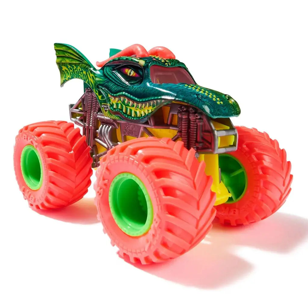 Angled front view of Monster Jam Dragon 1:64 scale truck with dragon-themed body, yellow chassis, neon red wheels, and fierce reptilian eye artwork on the side.