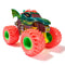 Angled front view of Monster Jam Dragon 1:64 scale truck with dragon-themed body, yellow chassis, neon red wheels, and fierce reptilian eye artwork on the side.