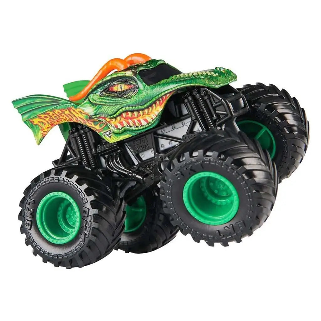 Green Monster Jam Dragon toy truck featuring textured dragon-scale plastic body with orange horn accents, oversized black rubber tires with bright green hubs, displayed on a clean white background for product clarity.