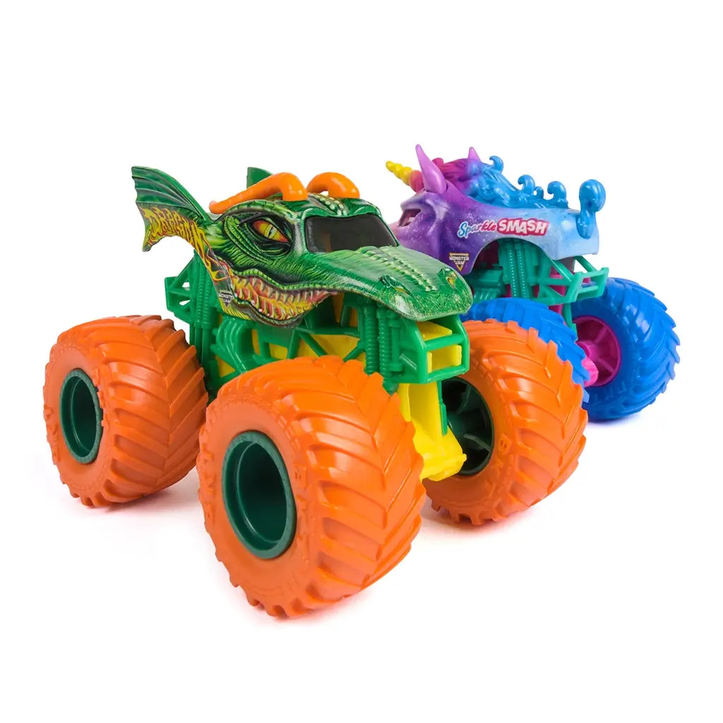 green monster truck toy Monster Jam Dragon, glossy plastic body with scaled reptile texture and orange horns, oversized rugged wheels in bright orange, angled display on a clean white background