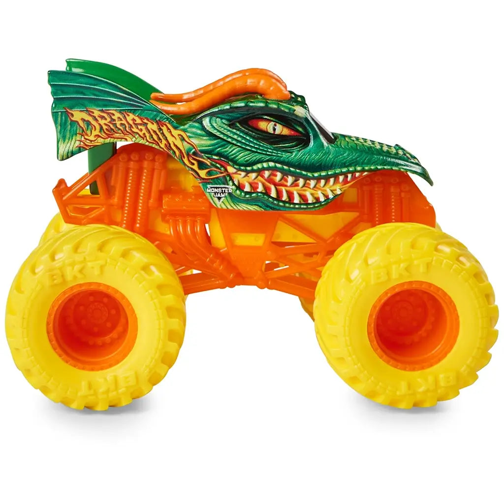Monster Jam Dragon truck in green and orange textured plastic with sculpted dragon head body and large yellow wheels designed for stunt play shown in a clean studio side view.