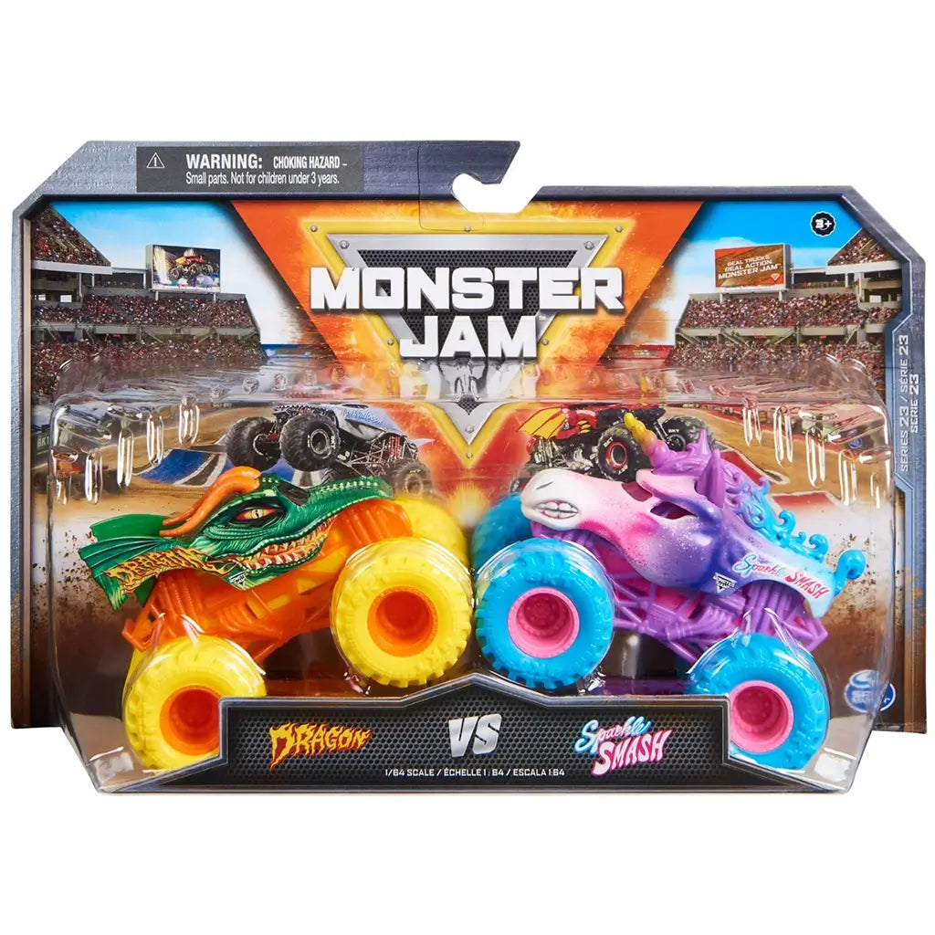 Monster Jam toy trucks set in bright multicolor plastic with rugged oversized wheels features Dragon and Sparkle Smash designs packaged in a stadium-themed box with crowd backdrop.