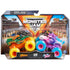 Monster Jam toy trucks set in bright multicolor plastic with rugged oversized wheels features Dragon and Sparkle Smash designs packaged in a stadium-themed box with crowd backdrop.