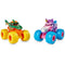 Monster Jam toy trucks in green, orange, purple, and blue molded plastic with chunky treaded wheels shaped as dragon and unicorn characters designed for play on a clean white background.