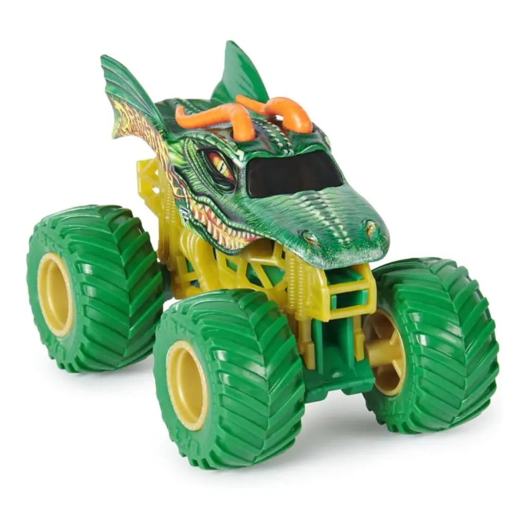 Monster Jam Dragon toy truck in vivid green with reptile scales, orange horns, fierce dragon face on hood, yellow frame, and oversized green wheels designed for kids’ monster battles.