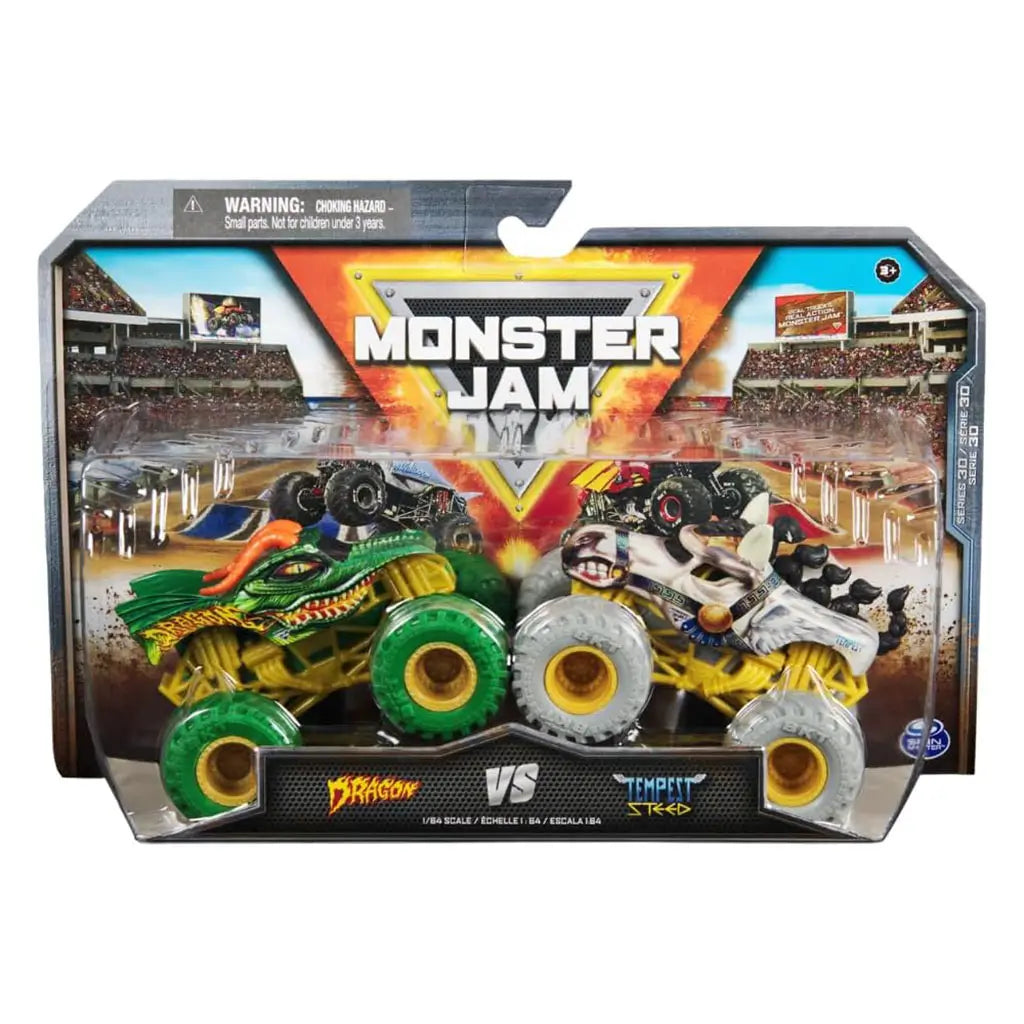 Front packaging of Monster Jam Dragon vs Tempest Steed 2-pack toy trucks with bold branding, fiery stadium background, and clear case displaying green dragon and white horse-themed designs.
