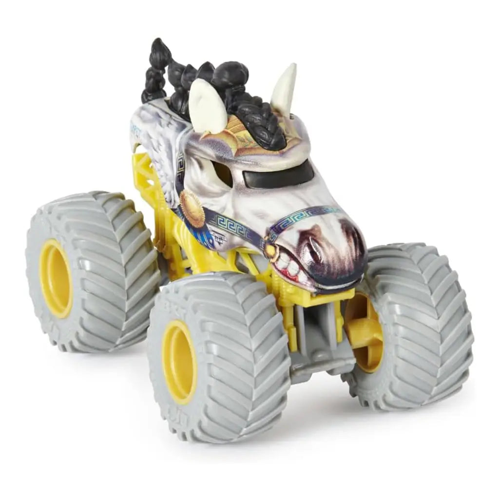 Monster Jam Tempest Steed toy truck in white with horse face details, sculpted ears, braided mane, golden accents, oversized gray wheels, and yellow chassis for fantasy-inspired play.