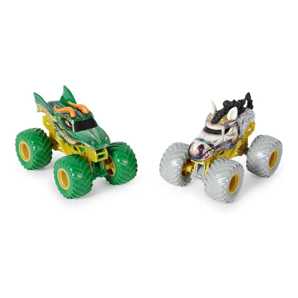 Monster Jam Dragon vs Tempest Steed 2-pack toy trucks side by side, featuring fantasy-themed designs with oversized rugged wheels, yellow chassis, and bold collectible styling.