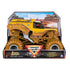 Packaged Monster Jam Earth Shaker diecast truck in 1:24 scale shows cracked yellow design, oversized tires, and branding in a stadium backdrop box with working suspension label.