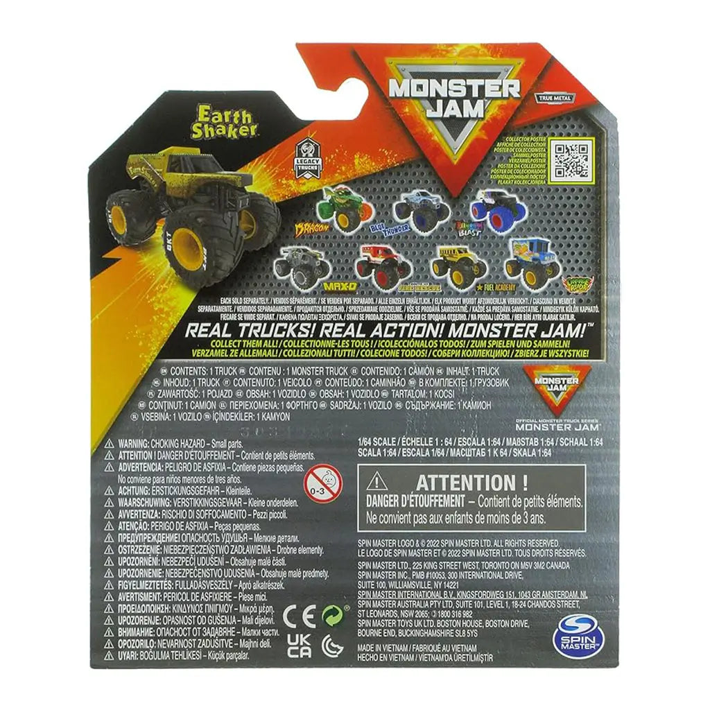 Back of Monster Jam EarthShaker toy truck packaging with product details, safety warnings, and collectible lineup of other trucks from the Monster Jam Legacy series.
