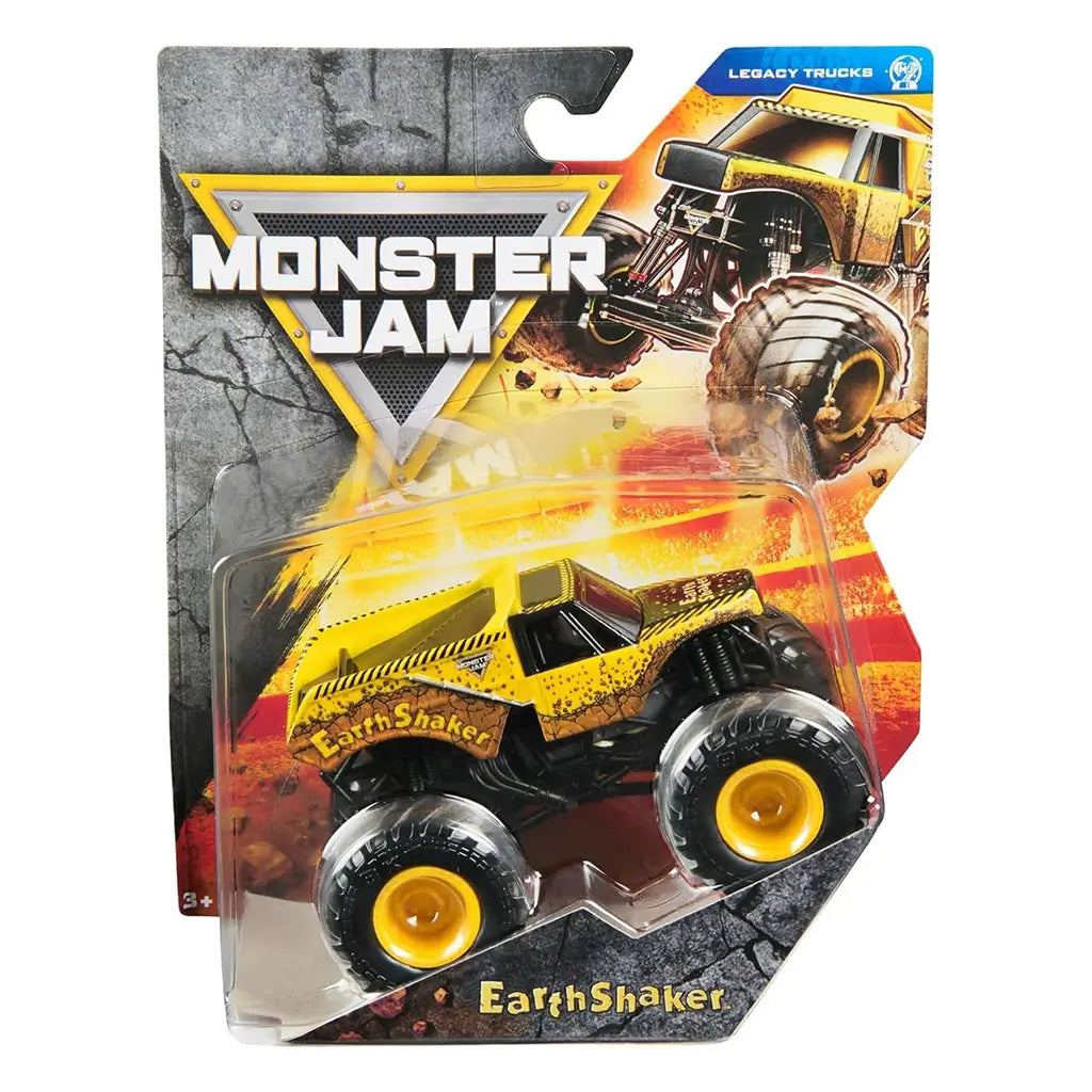Front packaging of Monster Jam EarthShaker toy truck in yellow with bold black accents, large rubber tires, and clear display box featuring Monster Jam branding and logo.