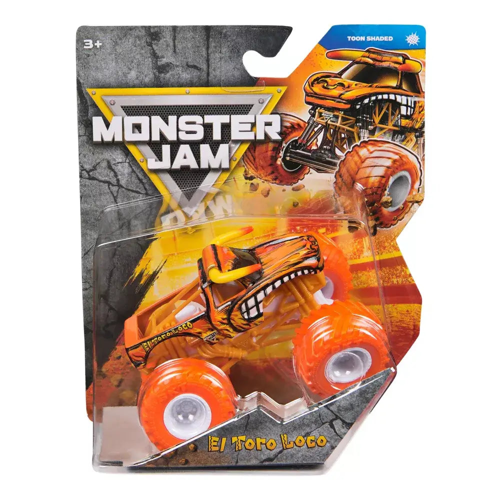 Monster Jam El Toro Loco toy truck in bright orange die-cast metal with bull horn details and oversized rubber tires, displayed in retail packaging with bold branding and action-themed background.