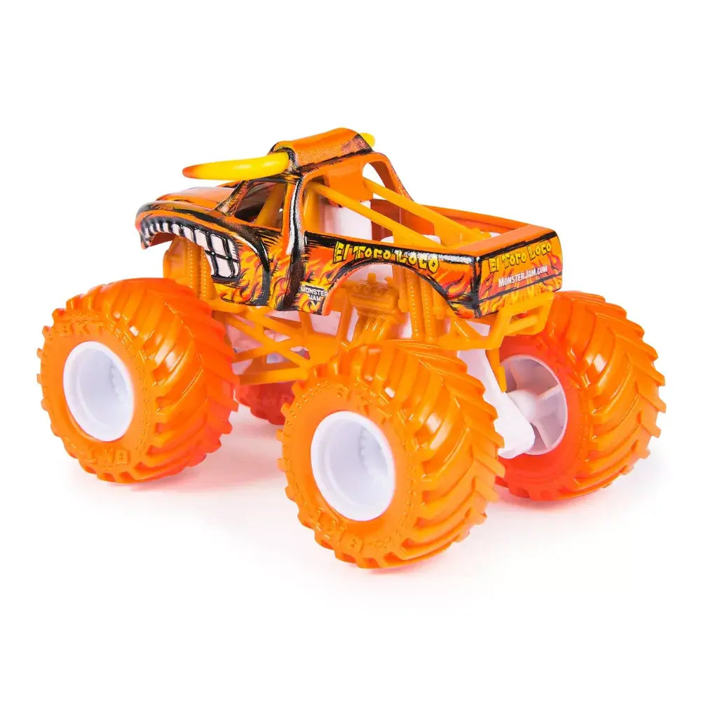 Monster Jam El Toro Loco toy truck rear angled view in bright orange metal body with bull horn details, oversized rubber tires, detailed chassis and suspension, shown on a white background.