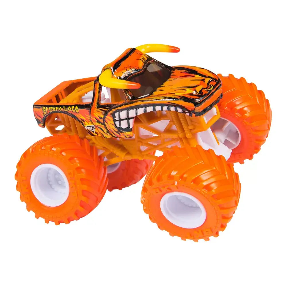 Monster Jam El Toro Loco toy truck in bright orange painted metal with bull horn details, oversized textured rubber tires, lifted suspension frame, displayed on a clean white studio background.