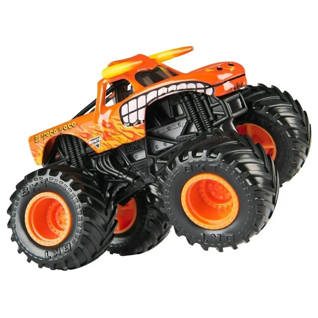 Dynamic angled view of the El Toro Loco miniature monster truck featuring bright orange body flames, bull horns, open-mouth grille, and oversized black tires with orange centers.