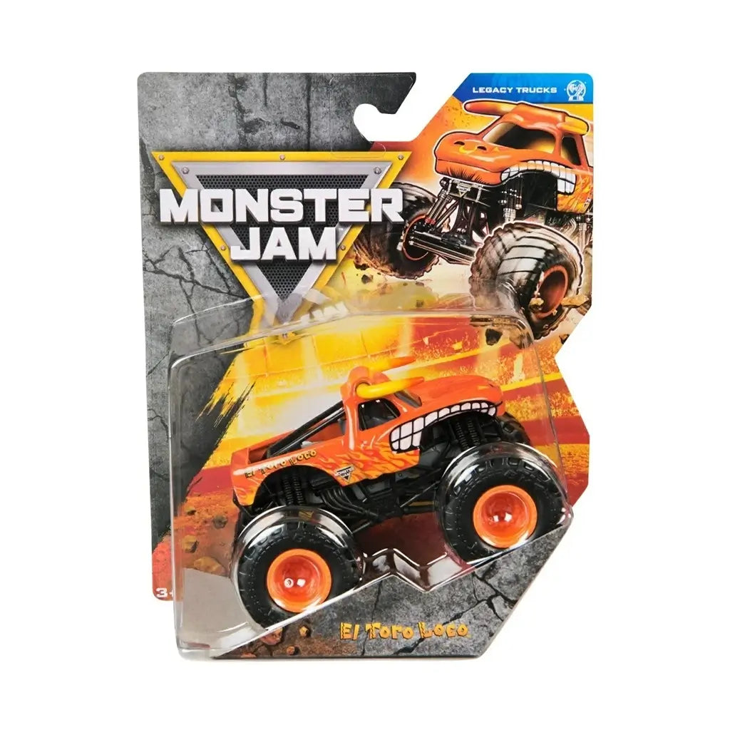 Packaged Monster Jam El Toro Loco 1:64 scale truck displayed in blister packaging with yellow and orange background art and Monster Jam branding visible on the card.