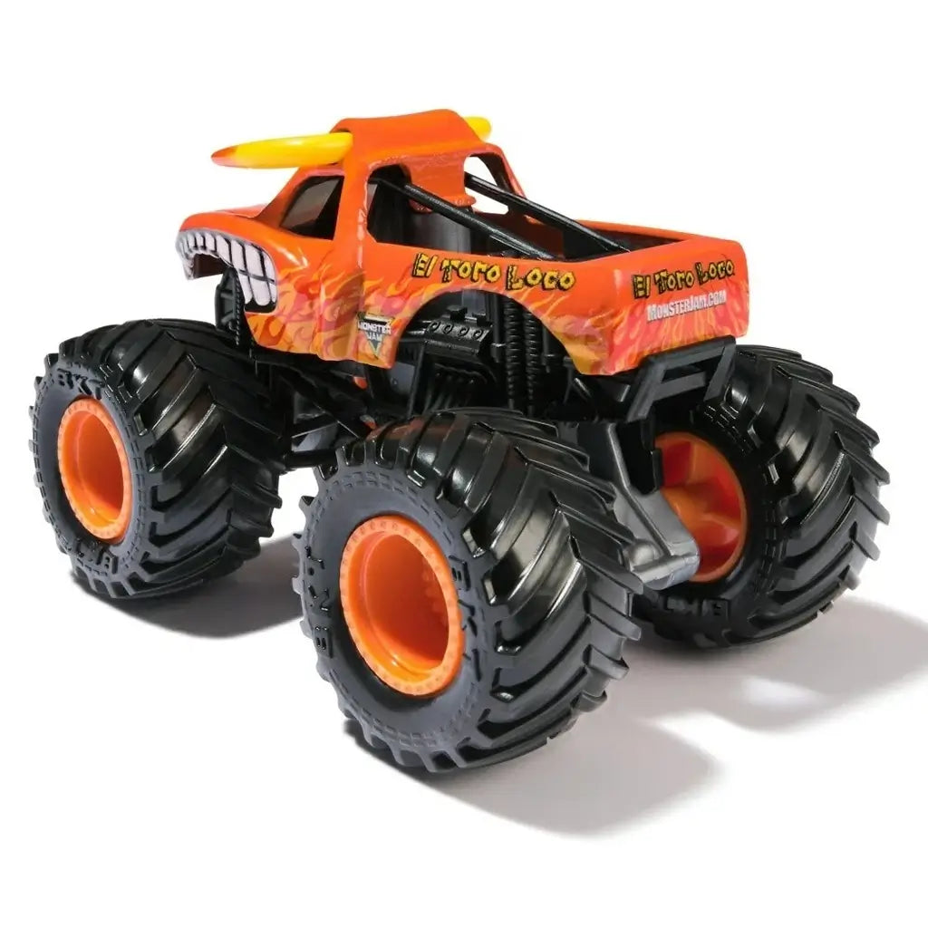 Rear angled view of the El Toro Loco mini monster truck highlighting its orange truck bed, flame graphics, branding on the tailgate, and rugged black BKT tires with orange hubs.