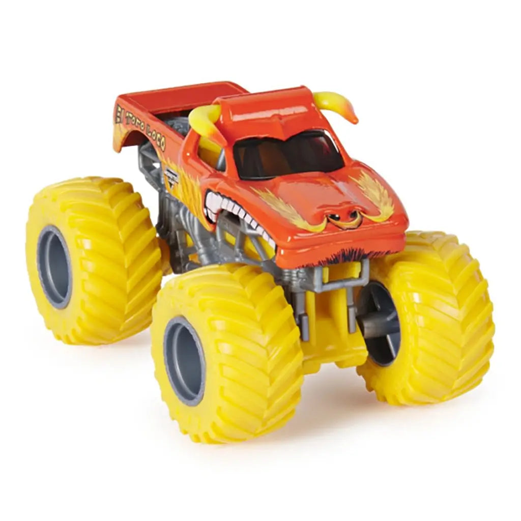 El Toro Loco monster truck toy in red with yellow horns, flame details, and bold yellow wheels, angled view highlighting its aggressive bull-themed styling.