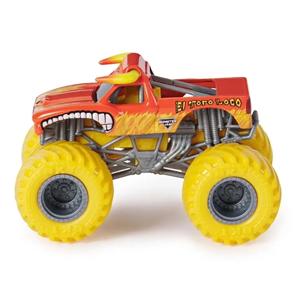 Monster Jam El Toro Loco truck in fiery red with flame graphics, bold yellow horns, and oversized yellow tires, designed for arena-style stunts and monster truck play.