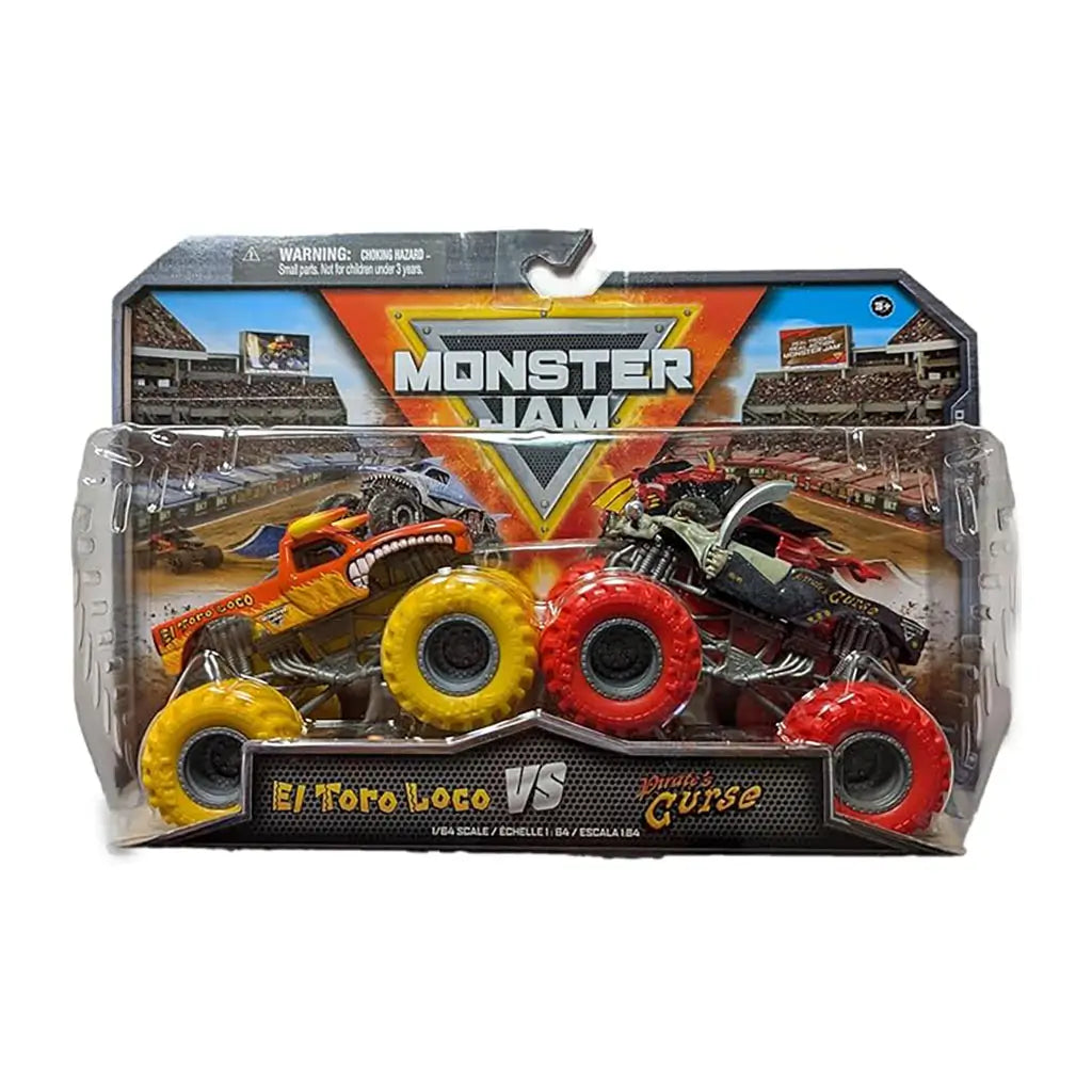 Front packaging of Monster Jam El Toro Loco vs Pirate’s Curse 2-pack, featuring bold logos, dirt arena graphics, and both trucks in a clear plastic display box.