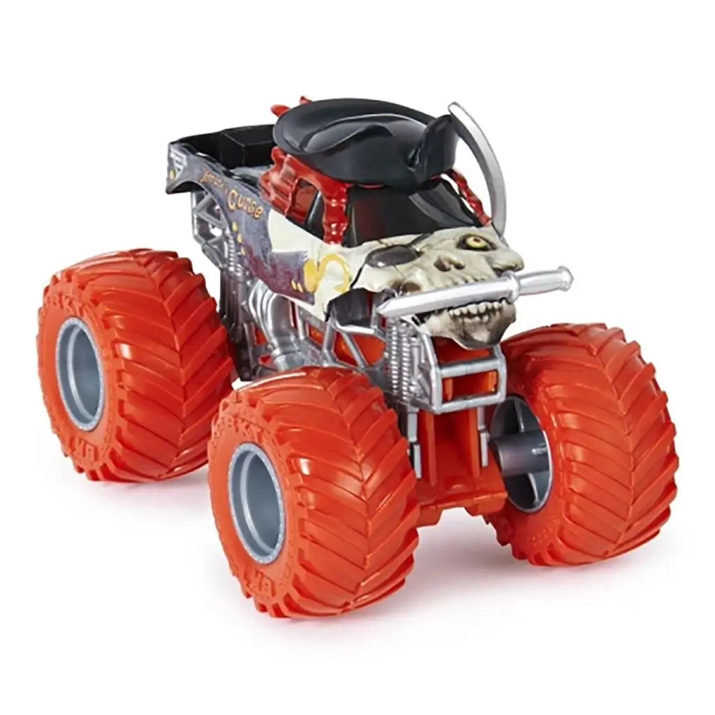 Pirate’s Curse monster truck toy in black with skull detailing, red trim, and oversized orange wheels, captured at an angled view to show its rugged body design.