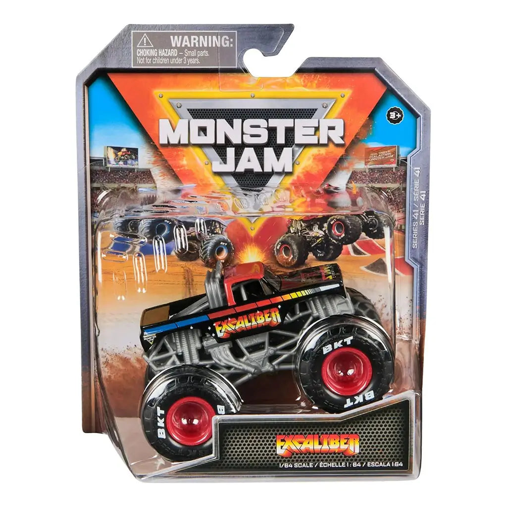Monster Jam Excaliber 1:64 scale diecast truck in retail package, with black and red design, rainbow graphics, and oversized black tires with red rims.