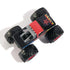 Top view of Monster Jam Excaliber diecast monster truck, showing red roof, rainbow side stripes, black hood with logo, and four oversized black tires.