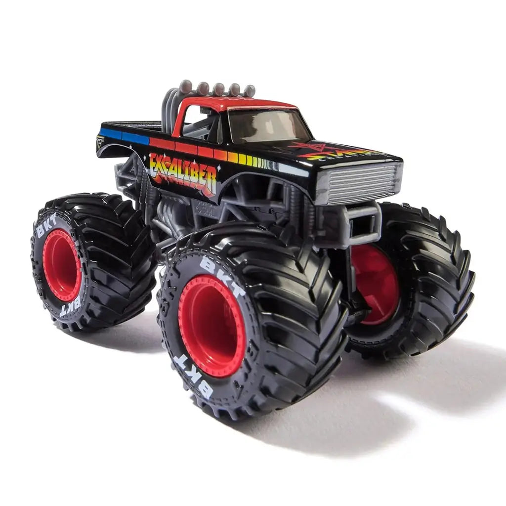 Monster Jam Excaliber 1:64 scale diecast monster truck in black with bold red roof, rainbow-striped side design, and massive black tires with red wheel hubs.