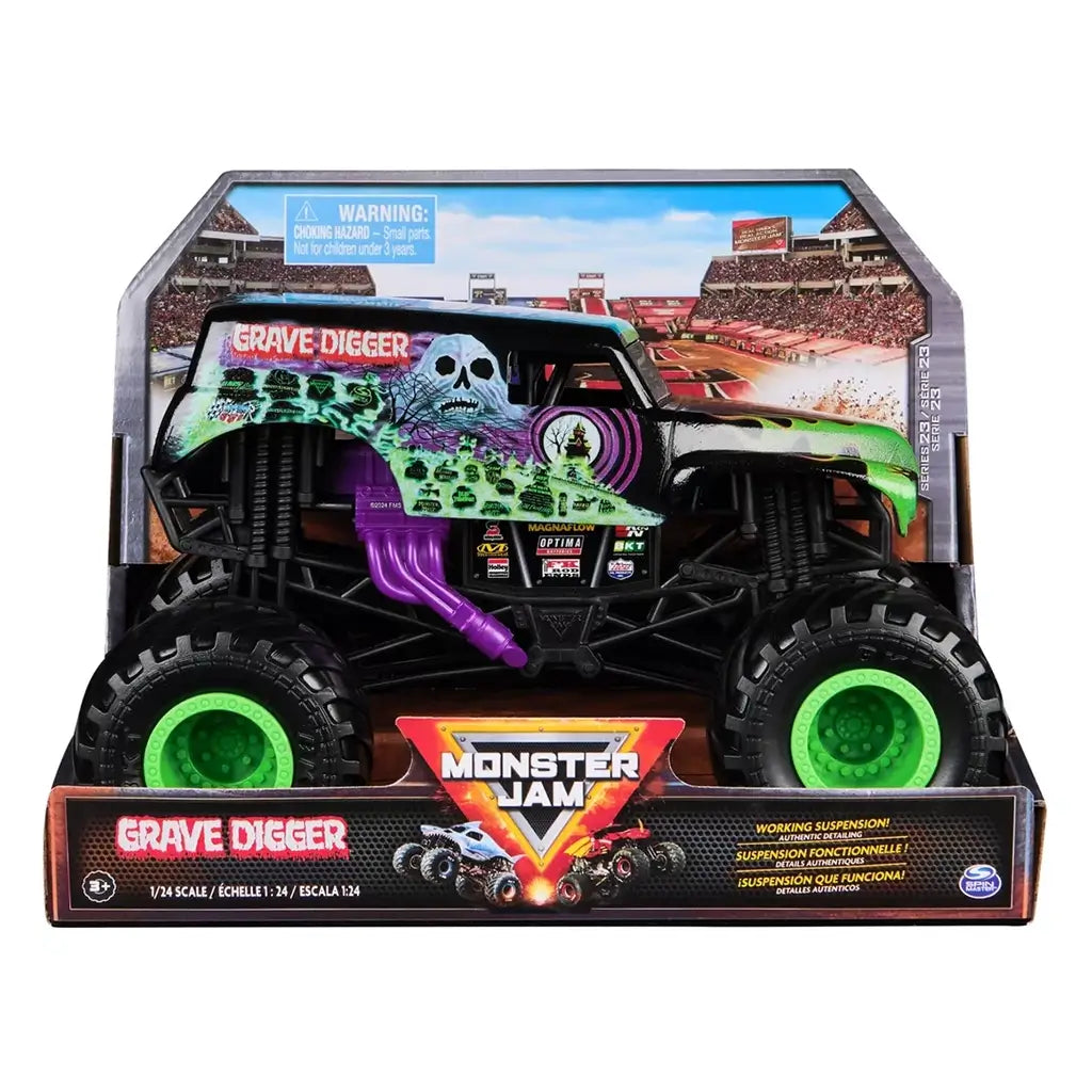 Monster Jam Grave Digger 1:24 scale diecast truck packaged in a stadium-themed box, with detailed graphics, neon green wheels, and bold branding across the front.