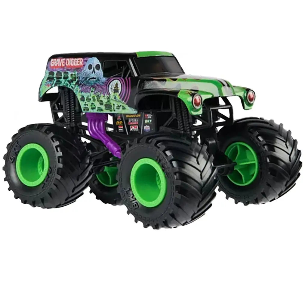 Monster Jam Grave Digger 1:24 scale diecast truck in green and black with neon green rims, massive treaded tires, and haunted graveyard graphics on the body.