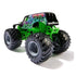 Rear angled view of Monster Jam Grave Digger 1:64 diecast truck, with massive black tires, neon green frame, and haunted graveyard graphics wrapping around the body.