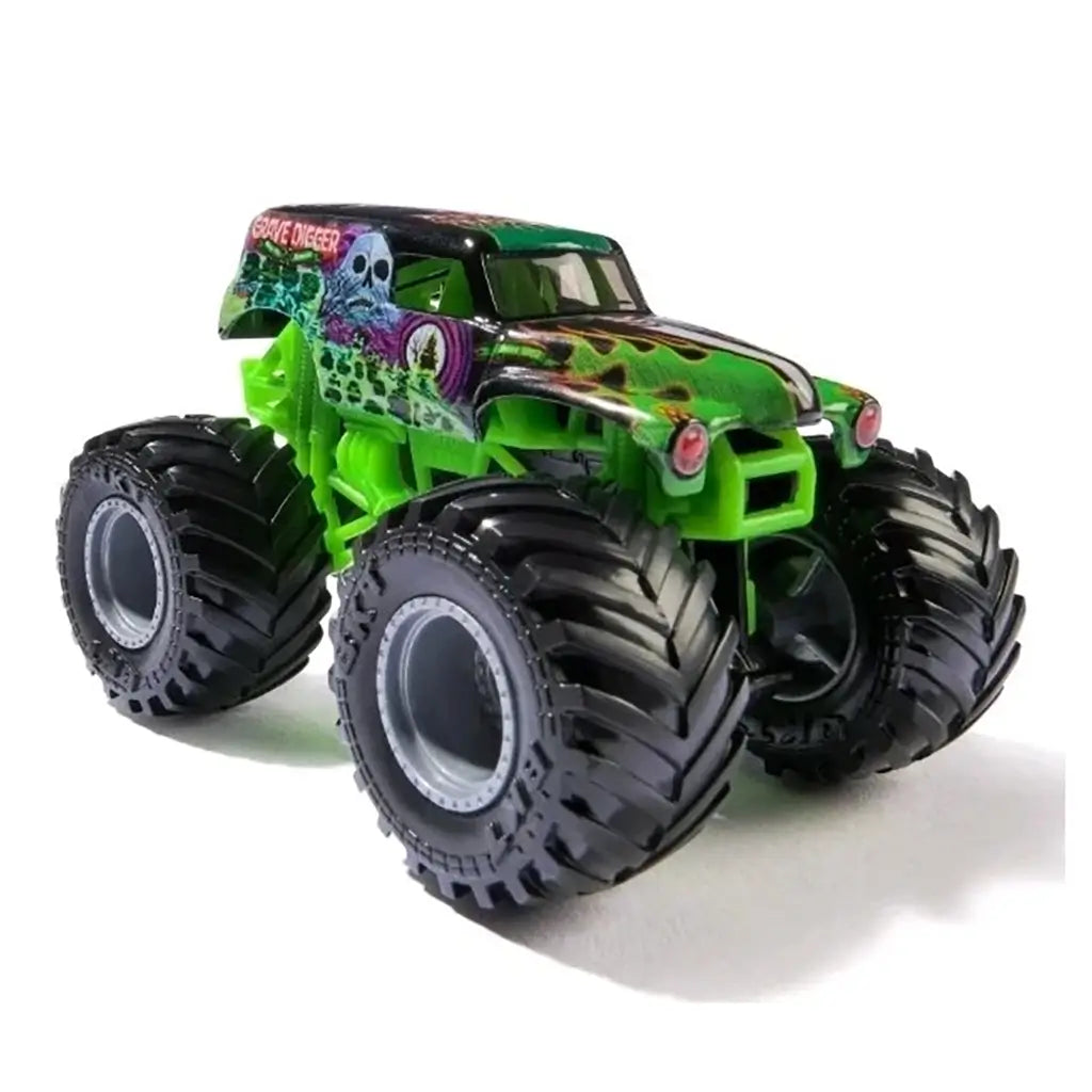 Monster Jam Grave Digger 1:64 scale diecast monster truck in green and black, with red headlights, flame hood design, and skeletal graveyard artwork on the sides.