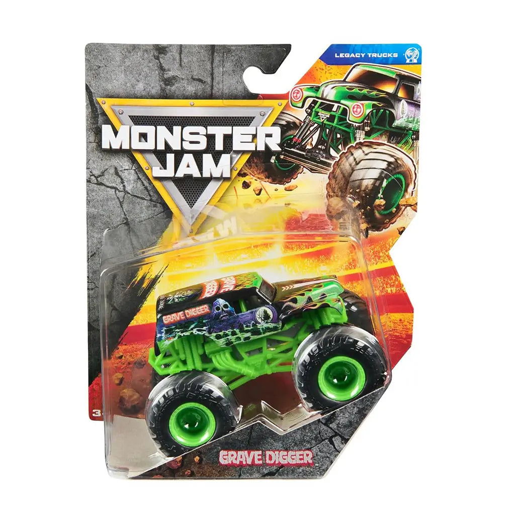 Monster Jam Grave Digger Legacy 1:64 scale monster truck packaging front with iconic toy truck in blister pack, fiery background art, and bold Monster Jam branding.