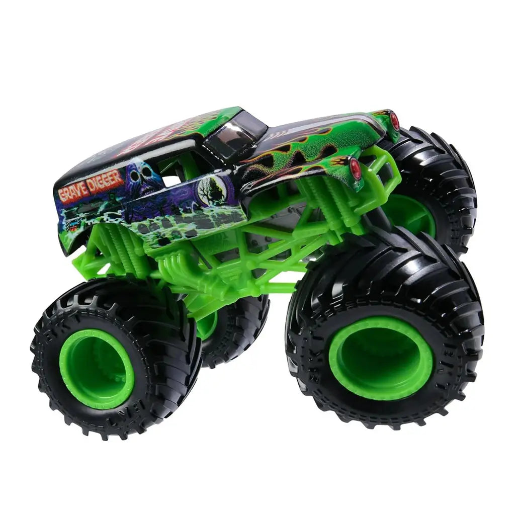 Monster Jam Grave Digger Legacy 1:64 scale toy truck side angled action pose displaying detailed spooky artwork, lifted suspension, and oversized wheels with neon accents.