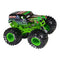 Monster Jam Grave Digger toy truck in black and green painted metal body with flame and skull graphics, boxy form and lifted suspension, featuring oversized rubber tires with green rims, displayed on a clean white studio background.
