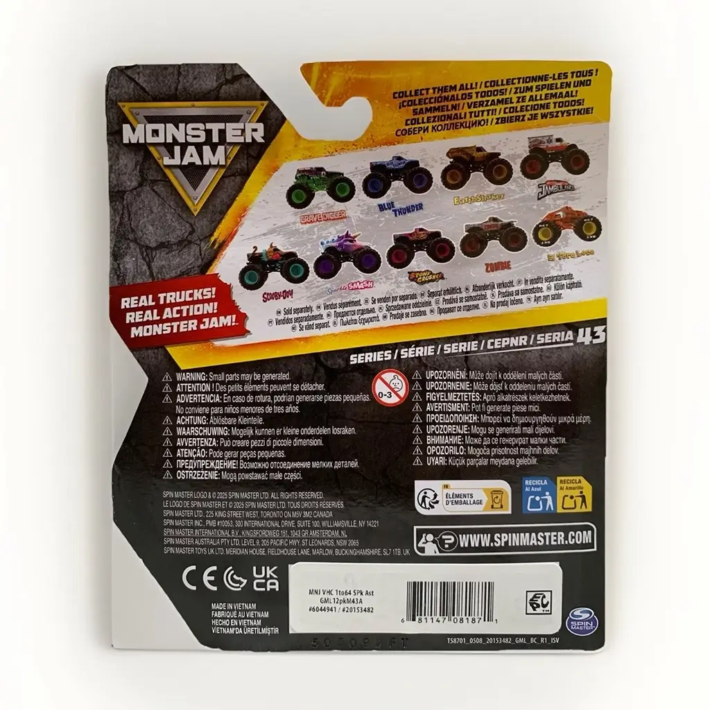 Monster Jam Jambulance Everyday Hero 1:64 scale monster truck packaging back with collectible lineup images, logos, warnings, and branding details for Monster Jam series.